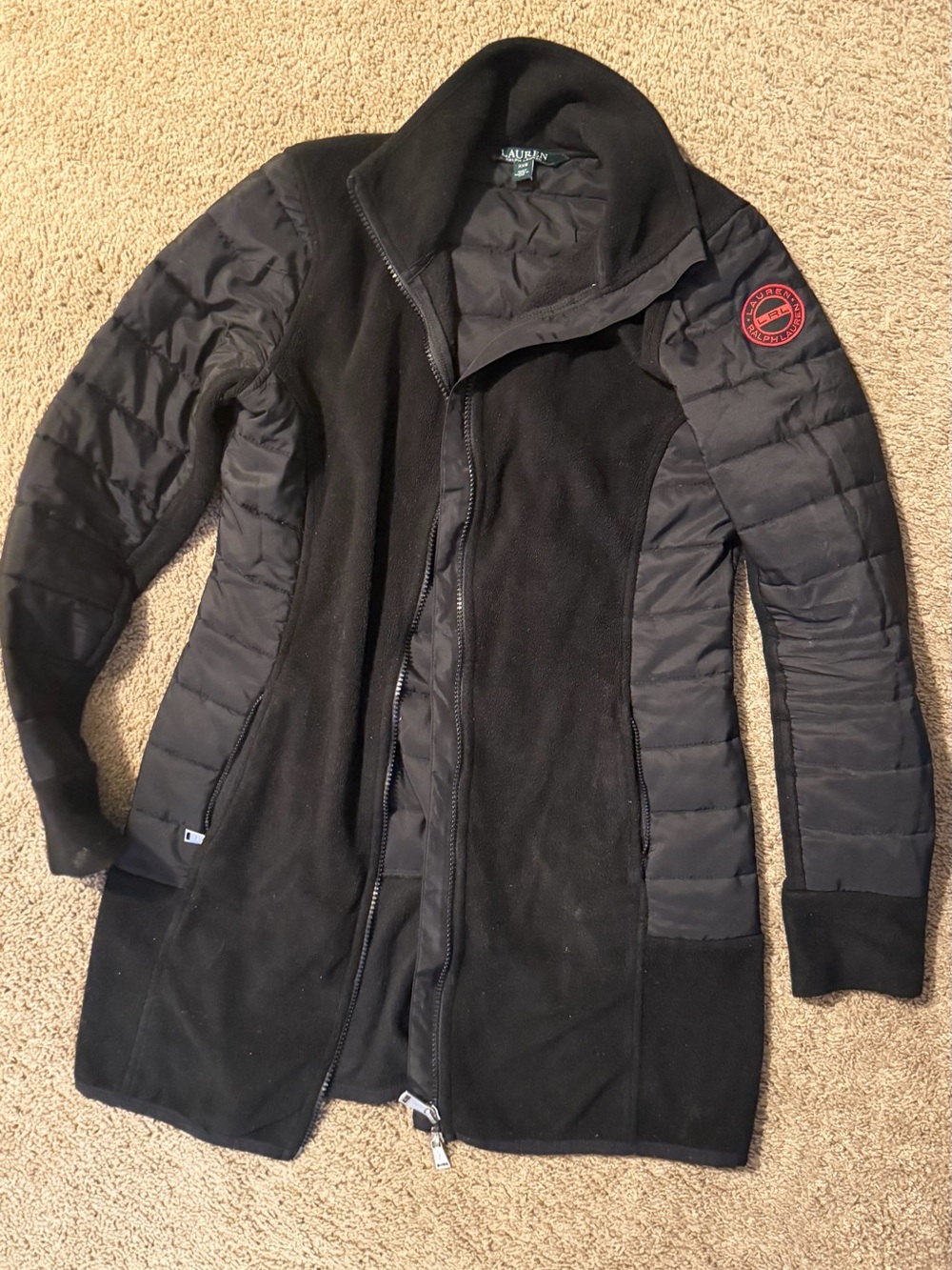 Polo Ralph Lauren Black Quilted & Fleece Long Jacket with Red Patch
